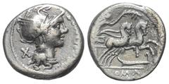 Roman Republican M. Cipius. Denar (Silber). 115 - 114 v. Chr. Rom. Vs: M CIPI M F. Kopf der Roma mit geflügeltem Helm rechts, dahinter Wertzeichen. Rs: ROMA. Victoria mit Palmzweig in galoppierender B