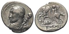 Roman Republican Ti Quinctius. Denar (Silber). 112 oder 111 v. Chr. Rom. Vs: Büste des Hercules mit Diadem, Keule und Löwenfell in Rückenansicht links. Rs: TI - Q. Desultor nach links galoppierend und