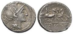 Roman Republican Appius Claudius Pulcher mit T. Manlius Mancinus und Q. Urbinius. Denar (Silber). 111 oder 110 v. Chr. Rom. Vs: Kopf der Roma mit geflügeltem Helm rechts, dahinter Dreieck mit vertieft