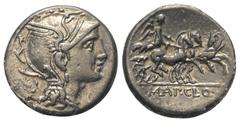 Roman Republican Appius Claudius Pulcher mit T. Manlius Mancinus und Q. Urbinius. Denar (Silber). 111 oder 110 v. Chr. Rom. Vs: Kopf der Roma mit geflügeltem Helm rechts, dahinter Dreieck mit vertieft