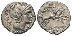 Roman Republican L. Flaminius Chilo. Denar (Silber). 109 oder 108 v. Chr. Rom. Vs: ROMA. Kopf der Roma mit geflügeltem Helm rechts, davor Wertzeichen. Rs: L FLAMINI / CILO. Victoria mit Kranz in galop