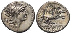 Roman Republican D. Iunius Silanus. Denar (Silber). 91 v. Chr. Rom. Vs: Kopf der Roma mit geflügeltem Helm rechts, dahinter Kontrollmarke. Rs: D SILANVS L F / ROMA. Victoria mit Zügeln in beiden Hände