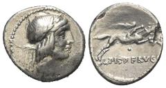 Roman Republican L. Calpurnius Piso Frugi. Denar (Silber). 90 v. Chr. Rom. Vs: Kopf des Apollo mit Lorbeerkranz rechts. Rs: L PISO FRVGI. Reiter mit Palmzweig zu Pferde nach rechts galoppierend. 18 mm