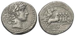 Roman Republican C. Vibius Pansa. Denar (Silber). 90 v. Chr. Rom. Vs: PANSA. Kopf des Apollo mit Lorbeerkranz rechts, davor Kontrollmarke. Rs: C VIBIVS C F. Minerva mit Lanze und Tropaeum in Quadriga 