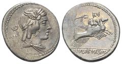 Roman Republican L. Iulius Bursio. Denar (Silber). 85 v. Chr. Rom. Vs: Drapierte Büste des Apollo Veiovis mit Flügel, Lorbeerkranz und Dreizack rechts, dahinter Beizeichen. Rs: L IVLI BVRSIO. Victoria