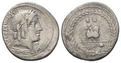 Roman Republican Mn. Fonteius. Denar (Silber). 85 v. Chr. Rom. Vs: MN FONTEI C F. Kopf des Apollo mit Lorbeerkranz rechts, darunter Blitzbündel. Rs: Cupido auf Ziege nach rechts reitend, darüber zwei 
