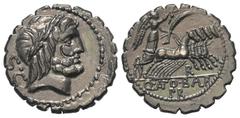 Roman Republican Q. Antonius Balbus. Denar (Silber). 83 - 82 v. Chr. Rom. Vs: S C. Kopf des Jupiter mit Lorbeerkranz rechts. Rs: Q ANTO BALB / PR. Victoria in Quadriga, in der Rechten Kranz, in der Li