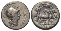 Roman Republican L. Sulla und L. Manlius Torquatus. Denar (Silber). 82 v. Chr. Feldmünzstätte des Sulla. Vs: L MANLI PRO Q. Kopf der Roma mit geflügeltem Greifenkopfhelm rechts. Rs: L SVLLA IM. Sulla 
