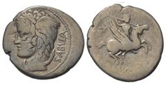 Roman Republican L. Cossutius C. F. Sabula. Denar (Silber). 74 v. Chr. Rom. Vs: SABVLA. Kopf der Medusa links. Rs: [L C]OSSV[TI C F]. Bellerophon mit Szepter auf Pegasus rechts. Links im Feld Kontroll