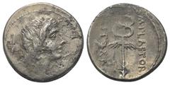 Roman Republican M. Plaetorius Cestianus. Denar (Silber). 69 v. Chr. Rom. Vs: Männlicher Kopf (Bonus Eventus?) mit langem Haar rechts, dahinter Kontrollmarke. Rs: M PLAETORI / CEST EX S C. Geflügelter