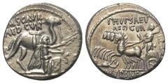 Roman Republican M. Scaurus und P. Hypsaeus. Denar (Silber). 58 v. Chr. Rom. Vs: M SCAVR / AED CVR / EX - S C / REX ARETAS. König Aretas mit Ölzweig nach rechts kniend und Dromedar am Zügel haltend. R