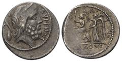 Roman Republican M. Nonius Sufenas. Denar (Silber). 59 v. Chr. Rom. Vs: SVFENAS. Kopf des Saturn rechts, dahinter S C, Harpa und Stein. Rs: SEX NONI / PR L - V - P F. Roma mit Szepter und Schwert auf 