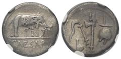 Roman Imperatorial C. Iulius Caesar. Denar (Silber). 49 - 48 v. Chr. Mobile Feldmünzstätte Caesars in Spanien oder Gallien. NGC VF (4787105-002). Vs: CAESAR. Elefant nach rechts schreitend und dabei e