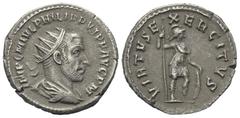 Roman Imperial Coinage Philippus I. Arabs (244 - 249 n. Chr.). Antoninian (Silber). 244 - 245 n. Chr. Antiochia. Vs: IMP C M IVL PHILIPPVS P F AVG P M. Büste mit Strahlenkrone, Paludament und Panzer r