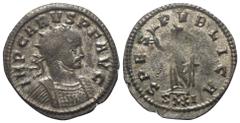 Roman Imperial Coinage Carus (282 - 283 n. Chr.). Antoninian (Kupfer). 283 n.Chr. Ticinum. Vs: IMP CARVS P F AVG. Büste mit Strahlenkrone und Panzer rechts. Rs: SPES PVBLICA. Im Abschnitt: S XXI. Spes