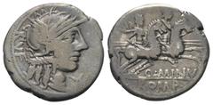 Roman Republican Q. Minucius Rufus. Denar (Silber). 122 v. Chr. Rom. Vs: RVF. Kopf der Roma mit geflügeltem Helm rechts, davor Wertzeichen. Rs: Q MINV / ROMA. Die Dioscuren mit eingelegten Lanzen zu P