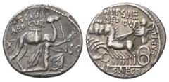 Roman Republican M. Scaurus und P. Hypsaeus. Denar (Silber). 58 v. Chr. Rom. Vs: M SCAVR / AED CVR / EX - S C / REX ARETAS. König Aretas mit Ölzweig nach rechts kniend und Dromedar am Zügel haltend. R