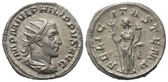 Roman Imperial Coinage Philippus I. Arabs (244 - 249 n. Chr.). Antoninian (Silber). 245 n. Chr. Rom. Vs: IMP M IVL PHILIPPVS AVG. Büste mit Strahlenkrone, Paludament und Panzer rechts. Rs: FELICITAS T