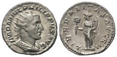 Roman Imperial Coinage Philippus I. Arabs (244 - 249 n. Chr.). Antoninian (Silber). 245 n. Chr. Rom. Vs: IMP M IVL PHILIPPVS AVG. Büste mit Strahlenkrone, Paludament und Panzer rechts. Rs: LIBERALITAS