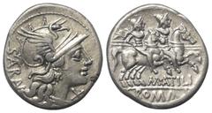 Roman Republican M. Atilius Saranus. Denar (Silber). 148 v. Chr. Rom. Vs: SARAN. Kopf der Roma mit geflügeltem Helm rechts, davor Wertzeichen. Rs: M ATILI / ROMA. Die Dioscuren mit eingelegten Lanzen 