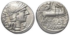 Roman Republican L. Antestius Gragulus. Denar (Silber). 136 v. Chr. Rom. Vs: GRAG. Kopf der Roma mit geflügeltem Greifenkopfhelm rechts, davor Wertzeichen. Rs: L ANTES / ROMA. Jupiter mit Blitzbündel 