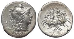 Roman Republican C. Servilius. Denar (Silber). 136 v. Chr. Rom. Vs: ROMA. Kopf der Roma mit geflügeltem Greifenkopfhelm rechts, dahinter Kranz und Wertzeichen. Rs: C SERVEILI M F. Die Dioscuren mit La