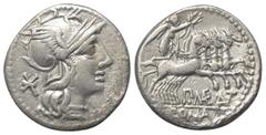 Roman Republican P. Maenius Antiaticus. Denar (Silber). 132 v. Chr. Roma. Vs: Kopf der Roma mit geflügeltem Greifenkopfhelm rechts, im Feld links Wertzeichen. Rs: P MAE ANT (teilweise in Ligatur) / RO