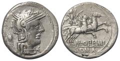 Roman Republican M. Opeimius. Denar (Silber). 130 v. Chr. Rom. Vs: Kopf der Roma rechts, hinten Kontrollmarke. Rs: M OPEIMI / ROMA. Victoria mit Kranz in Quadriga nach rechts fahrend. 18 mm. 3,83 g. C