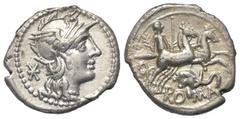 Roman Republican L. Caecilius Metellus Diadematus. Denar (Silber). 128 v. Chr. Rom. Vs: Kopf der Roma mit geflügeltem Greifenkopfhelm rechts, dahinter Wertzeichen. Rs: ROMA. Pax mit Zweig und Szepter 