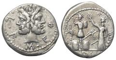 Roman Republican M. Furius Philus. Denar (Silber). 120 v. Chr. Rom. Vs: M FOVRI. L. F. Doppelkopf des Janus mit Lorbeerkranz. Rs: Roma mit Szepter nach links stehend und Tropaeum aus gallischen Waffen