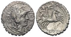 Roman Republican C. Malleolus (mit L. Licinius Crassus und Cn. Domitius Ahenobarbus). Denar (Silber). 118 v. Chr. Narbo. Vs: L PORCI LICI. Kopf der Roma mit geflügeltem Helm rechts, dahinter Wertzeich