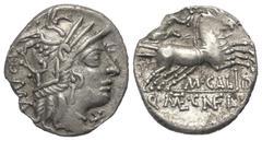 Roman Republican M. Calidius mit Q. Metellus und Cn. Fulvius. Denar (Silber). 117 - 116 v. Chr. Rom. Vs: ROMA. Kopf der Roma mit geflügeltem Helm rechts, davor Wertzeichen. Rs: M CALID / Q MET CN FVL 