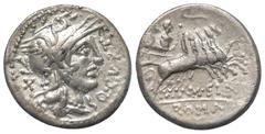 Roman Republican Q. Curtius und M. Iunius Silanus. Denar (Silber). Ca. 116 - 155 v. Chr. Vs: Q CVRT. Kopf der Roma mit geflügeltem Helm rechts, dahinter Wertzeichen X. Rs: M SILA / ROMA. Jupiter mit B