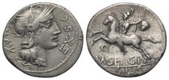 Roman Republican M. Sergius Silus. Denar (Silber). 116 oder 115 v. Chr. Rom. Vs: ROMA EX S C. Kopf der Roma mit geflügeltem Greifenkopfhelm rechts, dahinter Wertzeichen. Rs: M SERGI / SILVS. Reiter mi