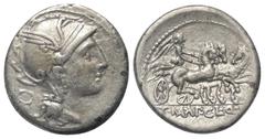 Roman Republican Appius Claudius Pulcher mit T. Manlius Mancinus und Q. Urbinius. Denar (Silber). 111 oder 110 v. Chr. Rom. Vs: Kopf der Roma mit geflügeltem Helm rechts, dahinter Dreieck mit vertieft