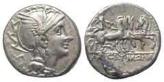 Roman Republican Appius Claudius Pulcher mit T. Manlius Mancinus und Q. Urbinius. Denar (Silber). 111 oder 110 v. Chr. Rom. Vs: Kopf der Roma mit geflügeltem Helm rechts, dahinter Dreieck mit vertieft