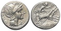 Roman Republican L. Flaminius Chilo. Denar (Silber). 109 oder 108 v. Chr. Rom. Vs: ROMA. Kopf der Roma mit geflügeltem Helm rechts, davor Wertzeichen. Rs: L FLAMINI / CILO. Victoria mit Kranz in galop
