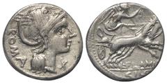 Roman Republican L. Flaminius Chilo. Denar (Silber). 109 oder 108 v. Chr. Rom. Vs: ROMA. Kopf der Roma mit geflügeltem Helm rechts, davor Wertzeichen. Rs: L FLAMINI / CILO. Victoria mit Kranz in galop