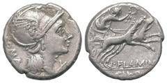 Roman Republican L. Flaminius Chilo. Denar (Silber). 109 oder 108 v. Chr. Rom. Vs: ROMA. Kopf der Roma mit geflügeltem Helm rechts, davor Wertzeichen. Rs: L FLAMINI / CILO. Victoria mit Kranz in galop
