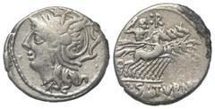 Roman Republican L. Appuleius Saturninus. Denar (Silber). 104 v. Chr. Rom. Vs: Kopf der Roma mit geflügeltem Greifenkopfhelm links. Rs: L SATVRN. Saturnus mit Harpa in Quadriga nach rechts fahrend, da