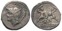 Roman Republican Q. Minucius Thermus. Denar (Silber). 103 v. Chr. Rom. Vs: Kopf des Mars mit federgeschmücktem Helm links. Rs: Q THERM M F. Römischer Soldat mit Schwert und Schild kämpft gegen barbari