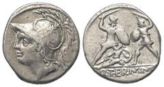 Roman Republican Q. Minucius Thermus. Denar (Silber). 103 v. Chr. Rom. Vs: Kopf des Mars mit federgeschmücktem Helm links. Rs: Q THERM M F. Römischer Soldat mit Schwert und Schild kämpft gegen barbari