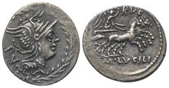 Roman Republican M. Lucilius Rufus. Denar (Silber). 101 v. Chr. Rom. Vs: Kopf der Roma mit geflügeltem Greifenkopfhelm rechts, dahinter PV; das Ganze in Lorbeerkranz. Rs: Victoria in galoppierender Bi