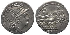 Roman Republican L. Sentius. Denar (Silber). 101 v. Chr. Rom. Vs: ARG PVB. Kopf der Roma mit geflügeltem Greifenkopfhelm rechts. Rs: L SENTI C F. Jupiter mit Szepter und Blitzbündel in galoppierender 