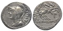 Roman Republican P. Servilius Rullus. Denar (Silber). 100 v. Chr. Rom. Vs: RVLLI. Büste der Minerva mit korinthischem Helm und Ägis links. Rs: P SERVILI M F. Victoria mit Palmzweig in Biga nach rechts