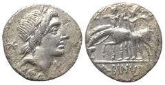 Roman Republican A. Postumius Albinus. Denar (Silber). 96 v. Chr. Rom. Vs: ROMA. Kopf des Apollo rechts, dahinter Stern, vorne X. Rs: A ALBINVS S F. Zwei Dioskuren stehen nach links, neben ihren Pferd