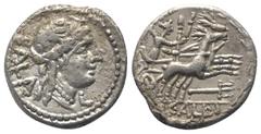 Roman Republican C. Allius Bala. Denar (Silber). 92 v. Chr. Rom. Vs: BALA. Weiblicher Kopf mit Diadem und Halskette rechts, davor L. Rs: C ALLI. Diana mit Fackel und Szepter in galoppierender Hirschbi