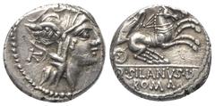 Roman Republican D. Iunius Silanus. Denar (Silber). 91 v. Chr. Rom. Vs: Kopf der Roma mit geflügeltem Helm rechts, dahinter Kontrollmarke. Rs: D SILANVS L F / ROMA. Victoria mit Zügeln in beiden Hände