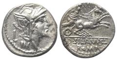 Roman Republican D. Iunius Silanus. Denar (Silber). 91 v. Chr. Rom. Vs: Kopf der Roma mit geflügeltem Helm rechts, dahinter Kontrollmarke L. Rs: D SILANVS L F / ROMA. Victoria mit Zügeln in beiden Hän