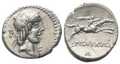 Roman Republican L. Calpurnius Piso Frugi. Denar (Silber). 90 v. Chr. Rom. Vs: Kopf des Apollo mit Lorbeerkranz rechts. Dahinter P, vorne E. Rs: L PISO FRVGI. Reiter mit Palmzweig zu Pferde nach recht